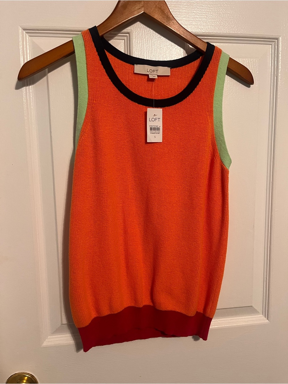 LOFT Orange Sleeveless Knit Tank with Lime Trim and dark blue Neckline S